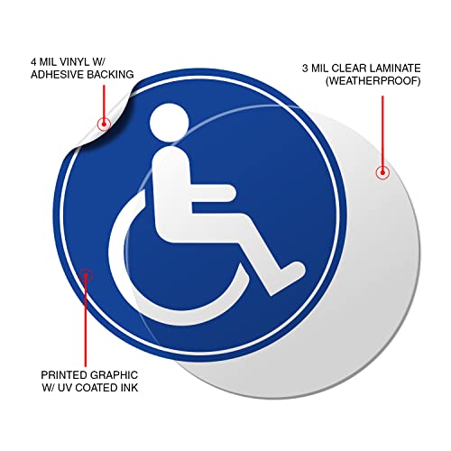 (Set of 5) Handicap / Disabled Wheelchair Accessible Sign - 4.5" Circle - Durable Self Adhesive 4 Mil Vinyl - Laminated - Fade & Scratch Resistant β Waterproof β Handicap Sign for Car, Bus, Business, or Elevator