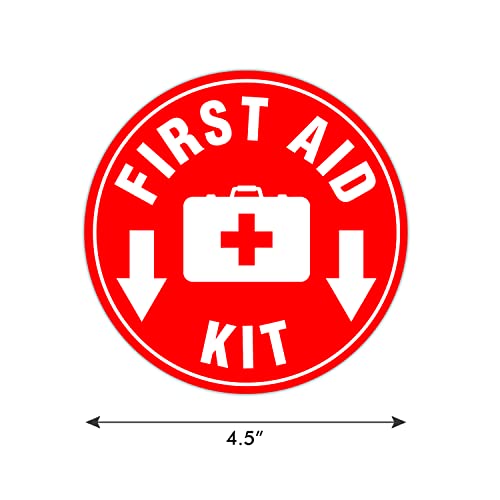 First Aid Kit Sign Sticker Red | 4.5" Circle | 4 Mil Vinyl - Laminated For Ultimate Protection & Durability - Self Adhesive Decal - Emergency Safety First Sign For Home, Business or Restaurant (Set of 5)
