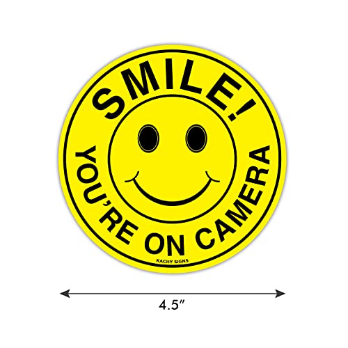 (Set of 5) Smile You're On Camera Stickers - 4.5" Circle - Durable Self Adhesive 4 Mil Vinyl - Laminated - Fade & Scratch Resistant - Waterproof - Private Property No Trespassing CCTV Security Recording Video Surveillance Sign