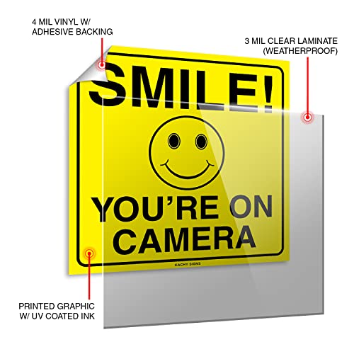 (Set of 4) Smile You're On Camera Sticker - 6" x 6" - Durable Self Adhesive 4 Mil Vinyl - Laminated - Fade & Scratch Resistant - Waterproof - Private Property No Trespassing Security Recording Video Surveillance Sign