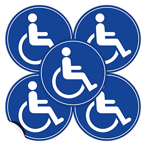 (Set of 5) Handicap / Disabled Wheelchair Accessible Sign - 4.5" Circle - Durable Self Adhesive 4 Mil Vinyl - Laminated - Fade & Scratch Resistant β Waterproof β Handicap Sign for Car, Bus, Business, or Elevator