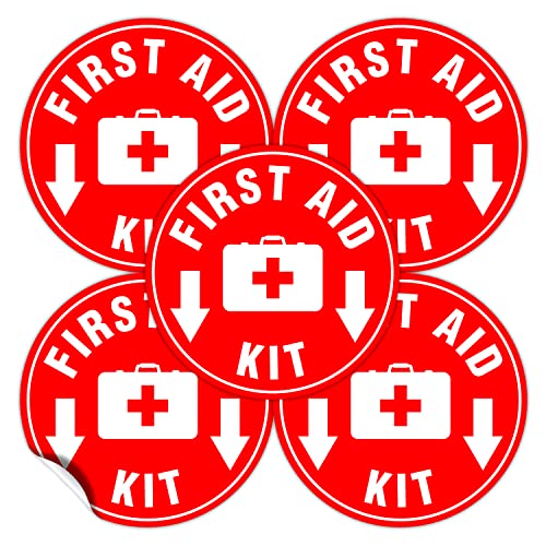 First Aid Kit Sign Sticker Red | 4.5" Circle | 4 Mil Vinyl - Laminated For Ultimate Protection & Durability - Self Adhesive Decal - Emergency Safety First Sign For Home, Business or Restaurant (Set of 5)