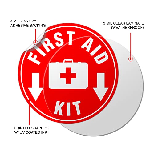 First Aid Kit Sign Sticker Red | 4.5" Circle | 4 Mil Vinyl - Laminated For Ultimate Protection & Durability - Self Adhesive Decal - Emergency Safety First Sign For Home, Business or Restaurant (Set of 5)