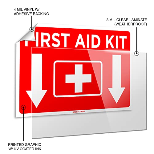 (Set of 2) First Aid Kit Sign Sticker Red 10" x 7" - Durable Self Adhesive 4 Mil Vinyl - Laminated - Fade & Scratch Resistant - Waterproof - Emergency Safety First Sign For Home, Business or Restaurant