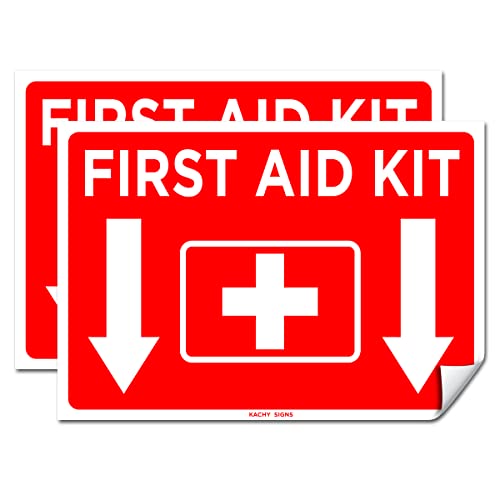 (Set of 2) First Aid Kit Sign Sticker Red 10" x 7" - Durable Self Adhesive 4 Mil Vinyl - Laminated - Fade & Scratch Resistant - Waterproof - Emergency Safety First Sign For Home, Business or Restaurant