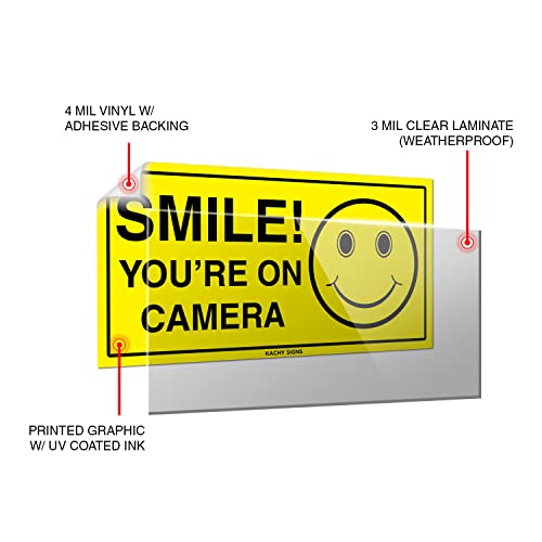 (Set of 6) Smile You're On Camera Sticker - 2" x 4" -Durable Self Adhesive 4 Mil Vinyl - Laminated - Fade & Scratch Resistant - Waterproof - Private Property No Trespassing Security Recording Video Surveillance Sign