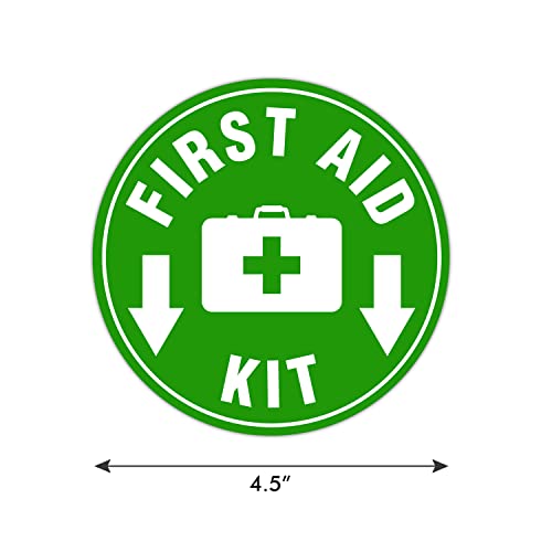 (Set of 5) First Aid Kit Sign Sticker Green | 4.5" Circle | 4 Mil Vinyl - Laminated For Ultimate Protection & Durability - Self Adhesive Decal - Emergency Safety First Sign For Home, Business or Restaurant