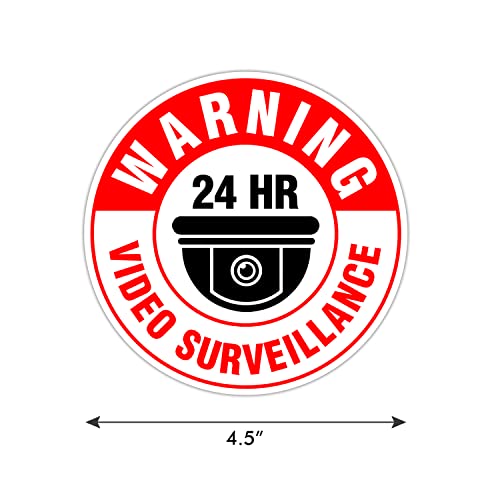 (Set of 5) Warning 24 HR Video Surveillance Sign - 4.5" Circle - 4 Mil Vinyl - Laminated - Fade Resistant - Self Adhesive Decal - Waterproof - No Trespassing Private Property Security Recording Sign