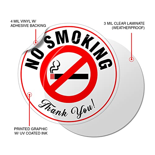 (Set of 5) No Smoking Sign Sticker - 4.5" Circle - Durable Self Adhesive 4 Mil Vinyl - Laminated - Fade & Scratch Resistant - Waterproof - Professional No Smoking Sign For Business - Perfect For Cars