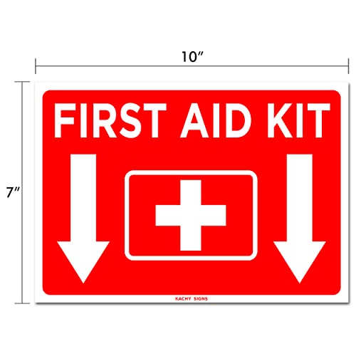 (Set of 2) First Aid Kit Sign Sticker Red 10" x 7" - Durable Self Adhesive 4 Mil Vinyl - Laminated - Fade & Scratch Resistant - Waterproof - Emergency Safety First Sign For Home, Business or Restaurant