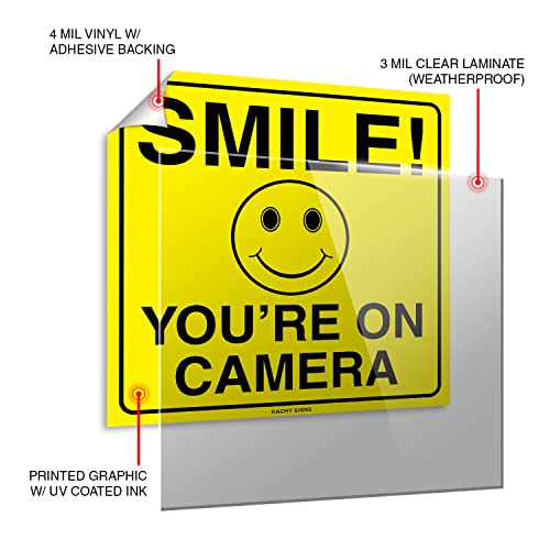 (Set of 4) Smile You're On Camera Sticker - 6" x 6" - Durable Self Adhesive 4 Mil Vinyl - Laminated - Fade & Scratch Resistant - Waterproof - Private Property No Trespassing Security Recording Video Surveillance Sign