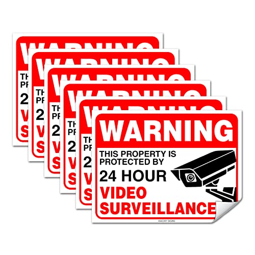 (Set of 6) Warning - 24 HR Video Surveillance Sticker- 3" x 4" - Durable Self Adhesive 4 Mil Vinyl - Laminated - Fade & Scratch Resistant – Waterproof – No Trespassing Private Property Security Recording Sign