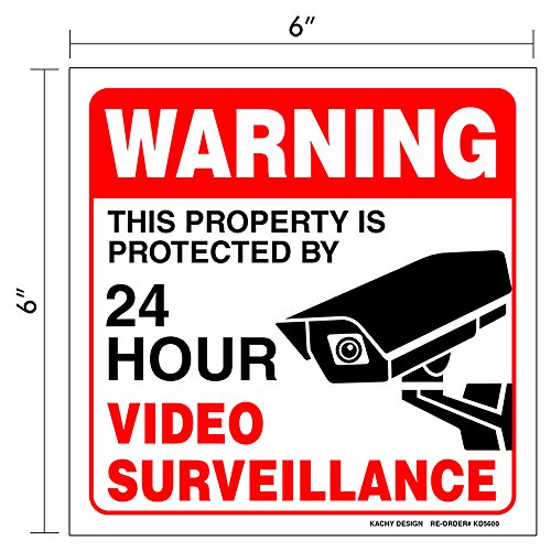 (Set of 4) Warning 24 HR Video Surveillance Sticker Sign - 6" x 6" - Durable Self Adhesive 4 Mil Vinyl - Laminated - Fade & Scratch Resistant – Waterproof – No Trespassing Private Property Security Recording Sign