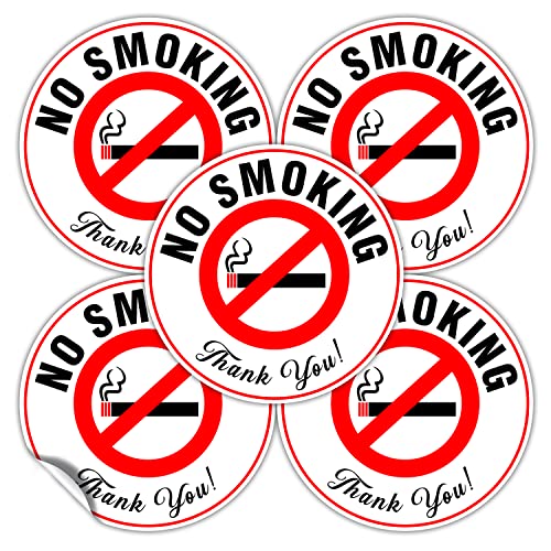 (Set of 5) No Smoking Sign Sticker - 4.5" Circle - Durable Self Adhesive 4 Mil Vinyl - Laminated - Fade & Scratch Resistant - Waterproof - Professional No Smoking Sign For Business - Perfect For Cars