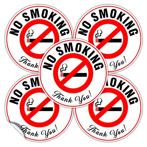(Set of 5) No Smoking Sign Sticker - 4.5" Circle - Durable Self Adhesive 4 Mil Vinyl - Laminated - Fade & Scratch Resistant - Waterproof - Professional No Smoking Sign For Business - Perfect For Cars