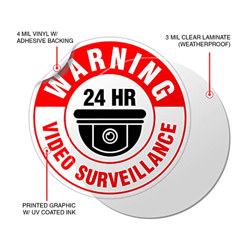 (Set of 5) Warning 24 HR Video Surveillance Sign - 4.5" Circle - 4 Mil Vinyl - Laminated - Fade Resistant - Self Adhesive Decal - Waterproof - No Trespassing Private Property Security Recording Sign