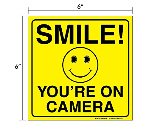 (Set of 4) Smile You're On Camera Sticker - 6" x 6" - Durable Self Adhesive 4 Mil Vinyl - Laminated - Fade & Scratch Resistant - Waterproof - Private Property No Trespassing Security Recording Video Surveillance Sign