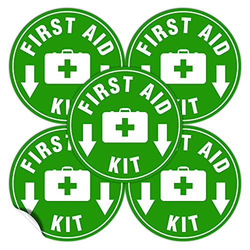 (Set of 5) First Aid Kit Sign Sticker Green | 4.5" Circle | 4 Mil Vinyl - Laminated For Ultimate Protection & Durability - Self Adhesive Decal - Emergency Safety First Sign For Home, Business or Restaurant