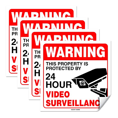 (Set of 4) Warning 24 HR Video Surveillance Sticker Sign - 6" x 6" - Durable Self Adhesive 4 Mil Vinyl - Laminated - Fade & Scratch Resistant – Waterproof – No Trespassing Private Property Security Recording Sign