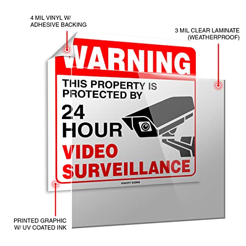 (Set of 4) Warning 24 HR Video Surveillance Sticker Sign - 6" x 6" - Durable Self Adhesive 4 Mil Vinyl - Laminated - Fade & Scratch Resistant – Waterproof – No Trespassing Private Property Security Recording Sign