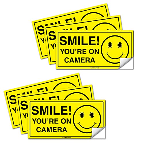 (Set of 6) Smile You're On Camera Sticker - 2" x 4" -Durable Self Adhesive 4 Mil Vinyl - Laminated - Fade & Scratch Resistant - Waterproof - Private Property No Trespassing Security Recording Video Surveillance Sign