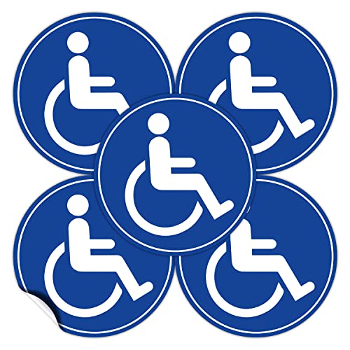 (Set of 5) Handicap / Disabled Wheelchair Accessible Sign - 4.5" Circle - Durable Self Adhesive 4 Mil Vinyl - Laminated - Fade & Scratch Resistant – Waterproof – Handicap Sign for Car, Bus, Business, or Elevator