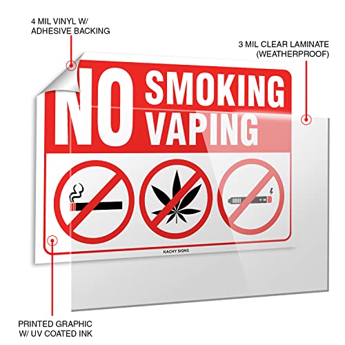 (Set of 2) No Smoking or Vaping / Smoking Weed Sign - 10" x 7" - Durable Self Adhesive 4 Mil Vinyl - Laminated - Fade & Scratch Resistant - Waterproof - Professional No Smoking Sign For Business