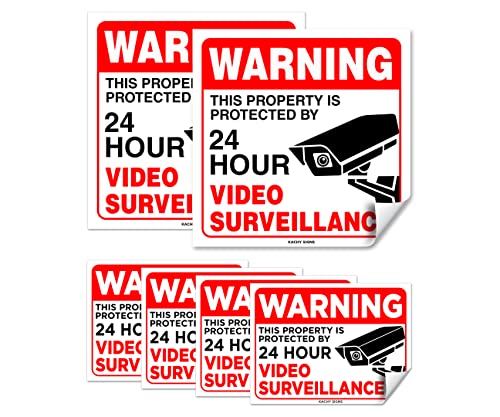 Bundle (Set of 6) Warning - 24 HR Video Surveillance Sign - (2) 6"x6" & (4) 3"x4" - 4 Mil Vinyl - Laminated - Fade Resistant - Self Adhesive Decal - Waterproof - No Trespassing Private Property Security Recording Sign