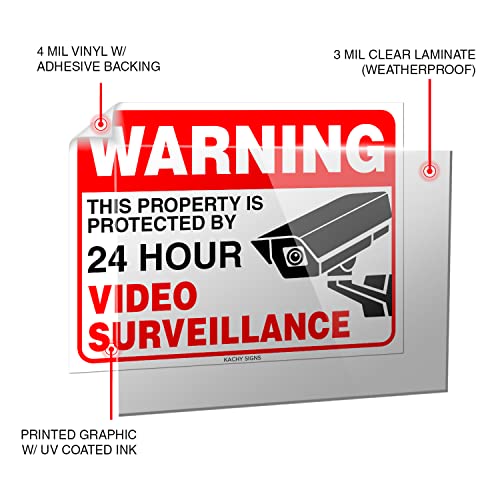 (Set of 6) Warning - 24 HR Video Surveillance Sticker- 3" x 4" - Durable Self Adhesive 4 Mil Vinyl - Laminated - Fade & Scratch Resistant – Waterproof – No Trespassing Private Property Security Recording Sign