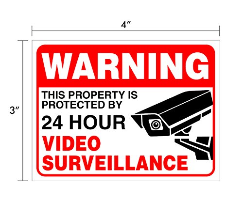 (Set of 6) Warning - 24 HR Video Surveillance Sticker- 3" x 4" - Durable Self Adhesive 4 Mil Vinyl - Laminated - Fade & Scratch Resistant – Waterproof – No Trespassing Private Property Security Recording Sign