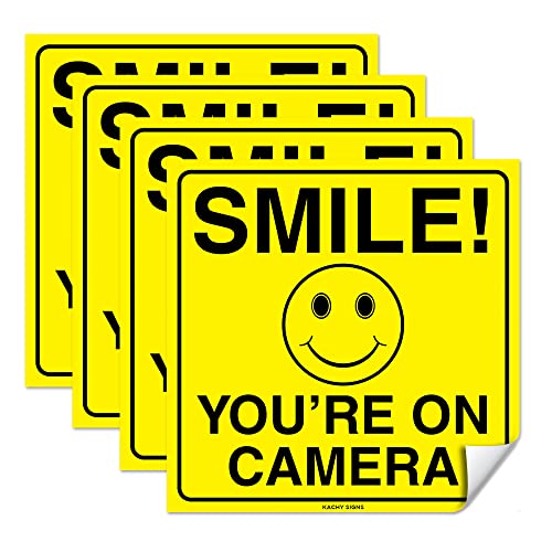 (Set of 4) Smile You're On Camera Sticker - 6" x 6" - Durable Self Adhesive 4 Mil Vinyl - Laminated - Fade & Scratch Resistant - Waterproof - Private Property No Trespassing Security Recording Video Surveillance Sign