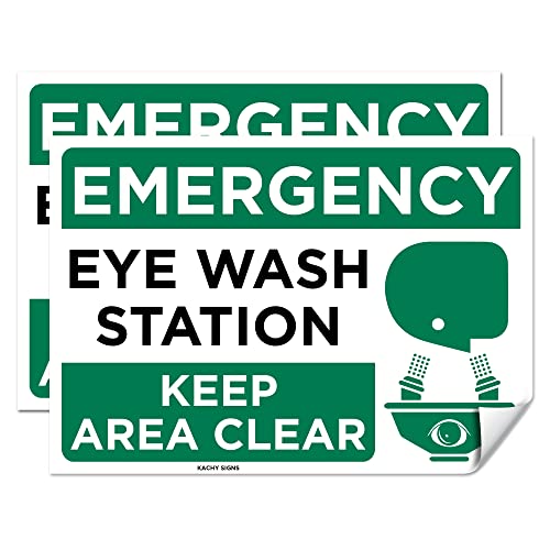 (Set of 2) Emergency Eye Wash Station Sign - 10" x 7" - Durable Self Adhesive 4 Mil Vinyl - Laminated - Fade & Scratch Resistant - Waterproof – OSHA Approved Eyewash Station Sticker for Lab, School or Hospital