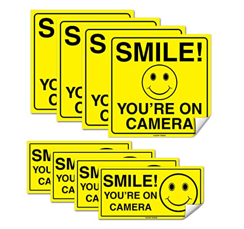 (8 Pack) Smile You're On Camera Stickers Bundle (4) 6"x6" & (4) 2"x4" Durable Self Adhesive 4 Mil Vinyl - Laminated - Fade & Scratch Resistant - Waterproof - Private Property No Trespassing Security Recording Video Surveillance Sign