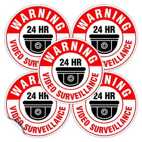 (Set of 5) Warning 24 HR Video Surveillance Sign - 4.5" Circle - 4 Mil Vinyl - Laminated - Fade Resistant - Self Adhesive Decal - Waterproof - No Trespassing Private Property Security Recording Sign