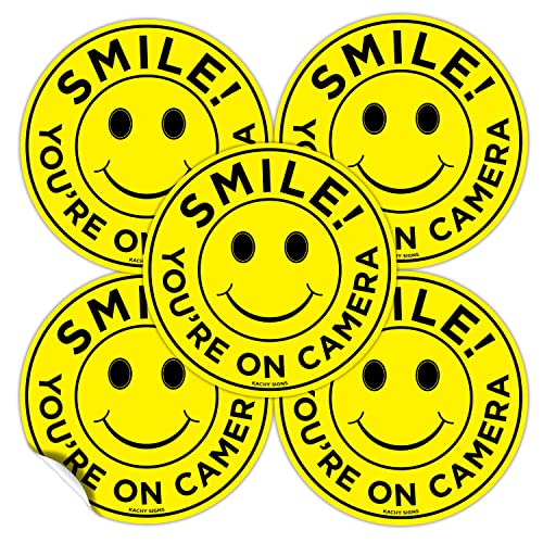 (Set of 5) Smile You're On Camera Stickers - 4.5" Circle - Durable Self Adhesive 4 Mil Vinyl - Laminated - Fade & Scratch Resistant - Waterproof - Private Property No Trespassing CCTV Security Recording Video Surveillance Sign